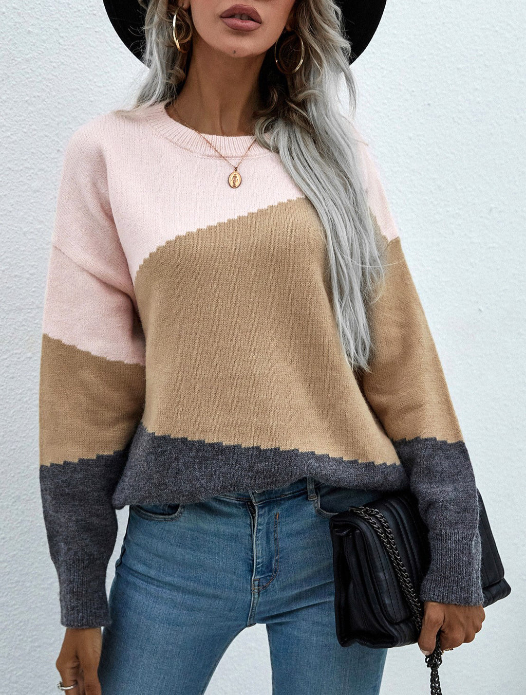 Diagonal Colorblock Crew Neck Knit Sweater - Apricot