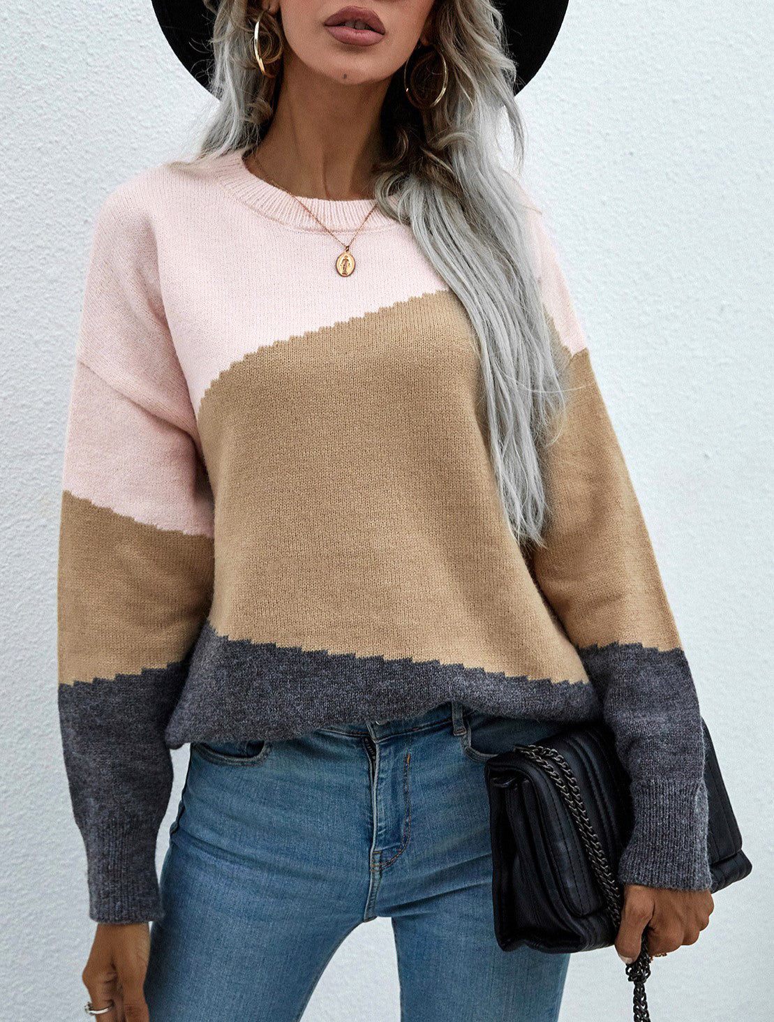 Diagonal Colorblock Crew Neck Knit Sweater - Apricot