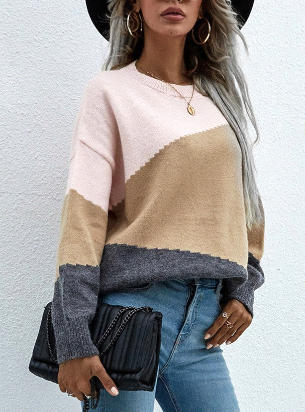 Diagonal Colorblock Crew Neck Knit Sweater - Apricot - 2