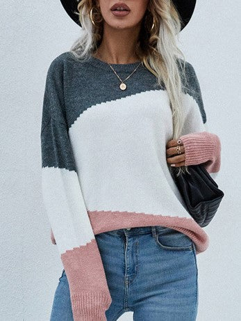 Diagonal Colorblock Crew Neck Knit Sweater - Darkgrey