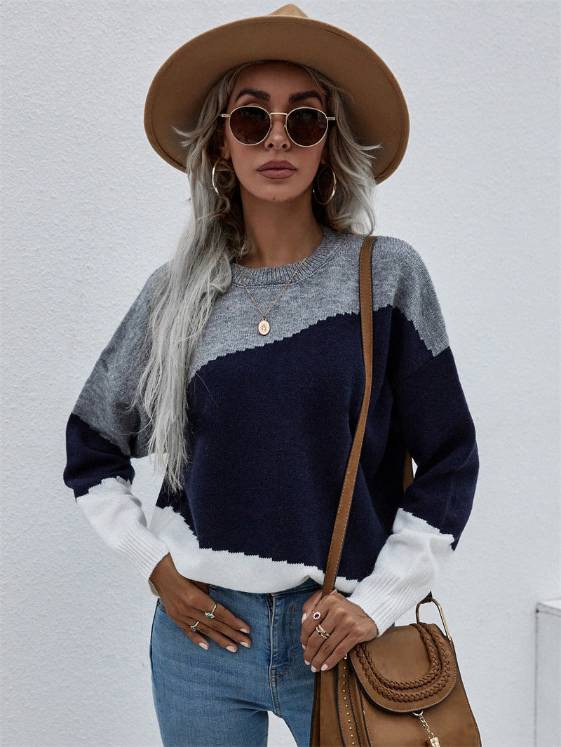 Diagonal Colorblock Crew Neck Knit Sweater - Grey