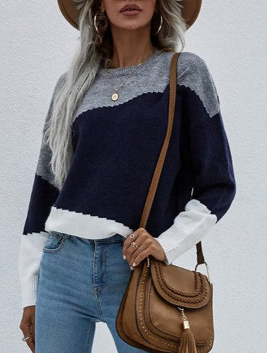 Diagonal Colorblock Crew Neck Knit Sweater - Grey - 1