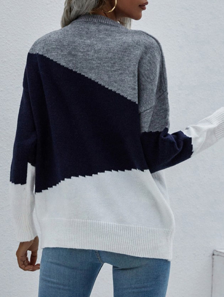 Diagonal Colorblock Crew Neck Knit Sweater - Grey - 2