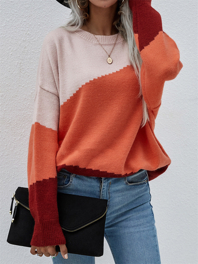 Diagonal Colorblock Crew Neck Knit Sweater - Pink