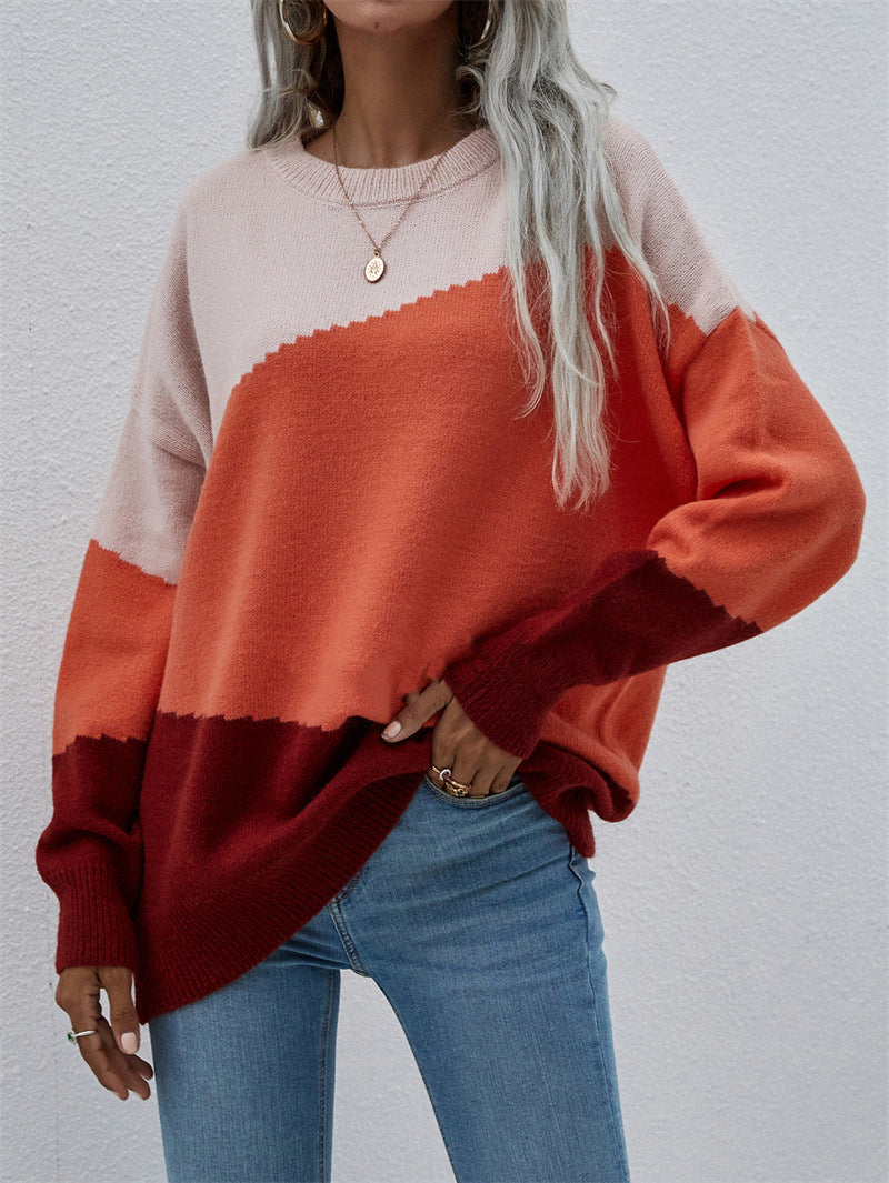 Diagonal Colorblock Crew Neck Knit Sweater - Pink - 1