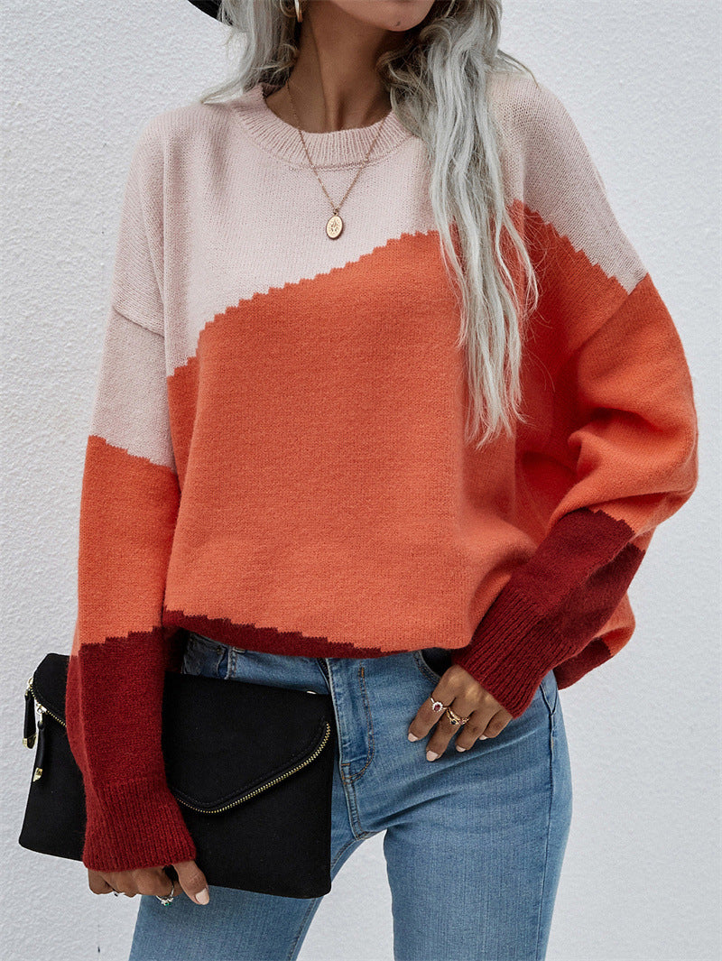 Diagonal Colorblock Crew Neck Knit Sweater - Pink - 2