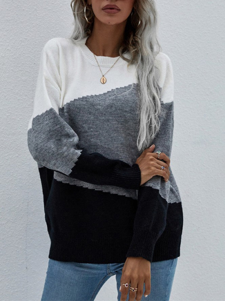 Diagonal Colorblock Crew Neck Knit Sweater - White