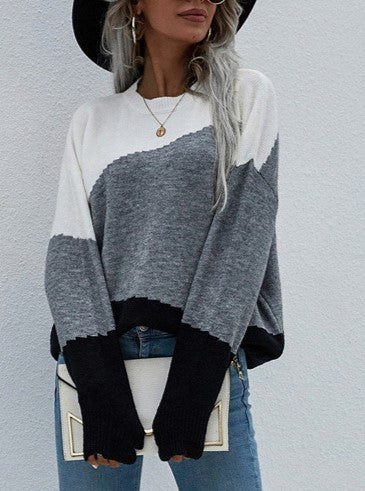 Diagonal Colorblock Crew Neck Knit Sweater - White - 1
