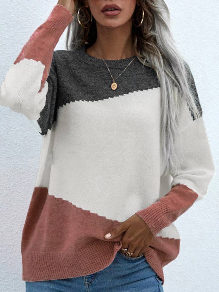 Diagonal Colorblock Crew Neck Knit Sweater