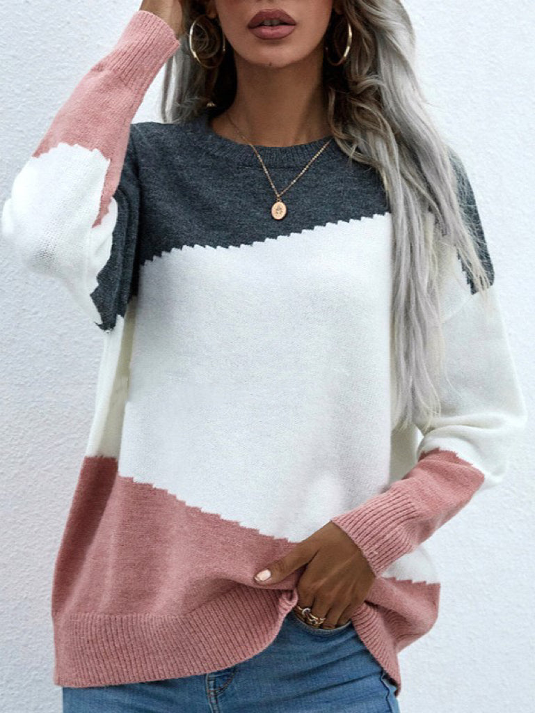 Diagonal Colorblock Crew Neck Knit Sweater - view 1