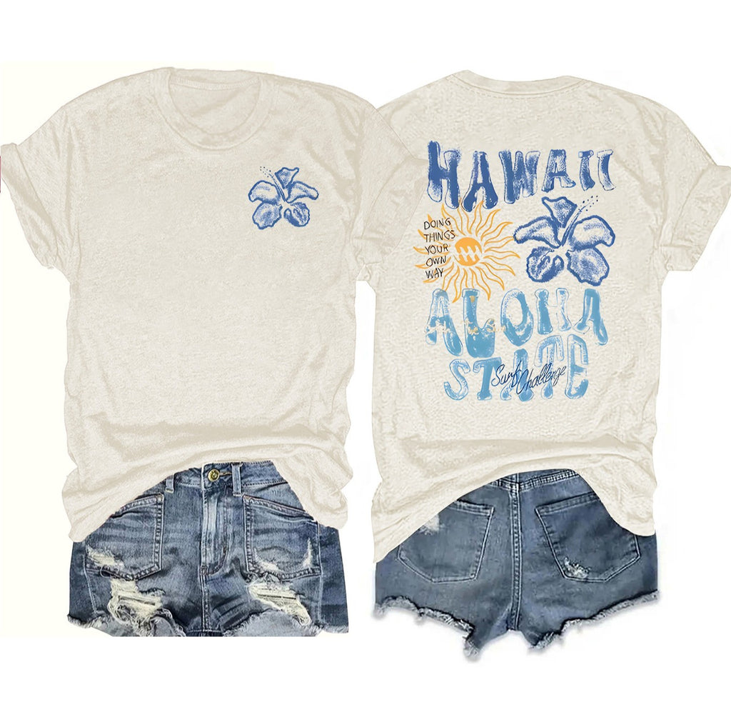 Retro Hawaii Aloha Print Graphic Tee - Apricot