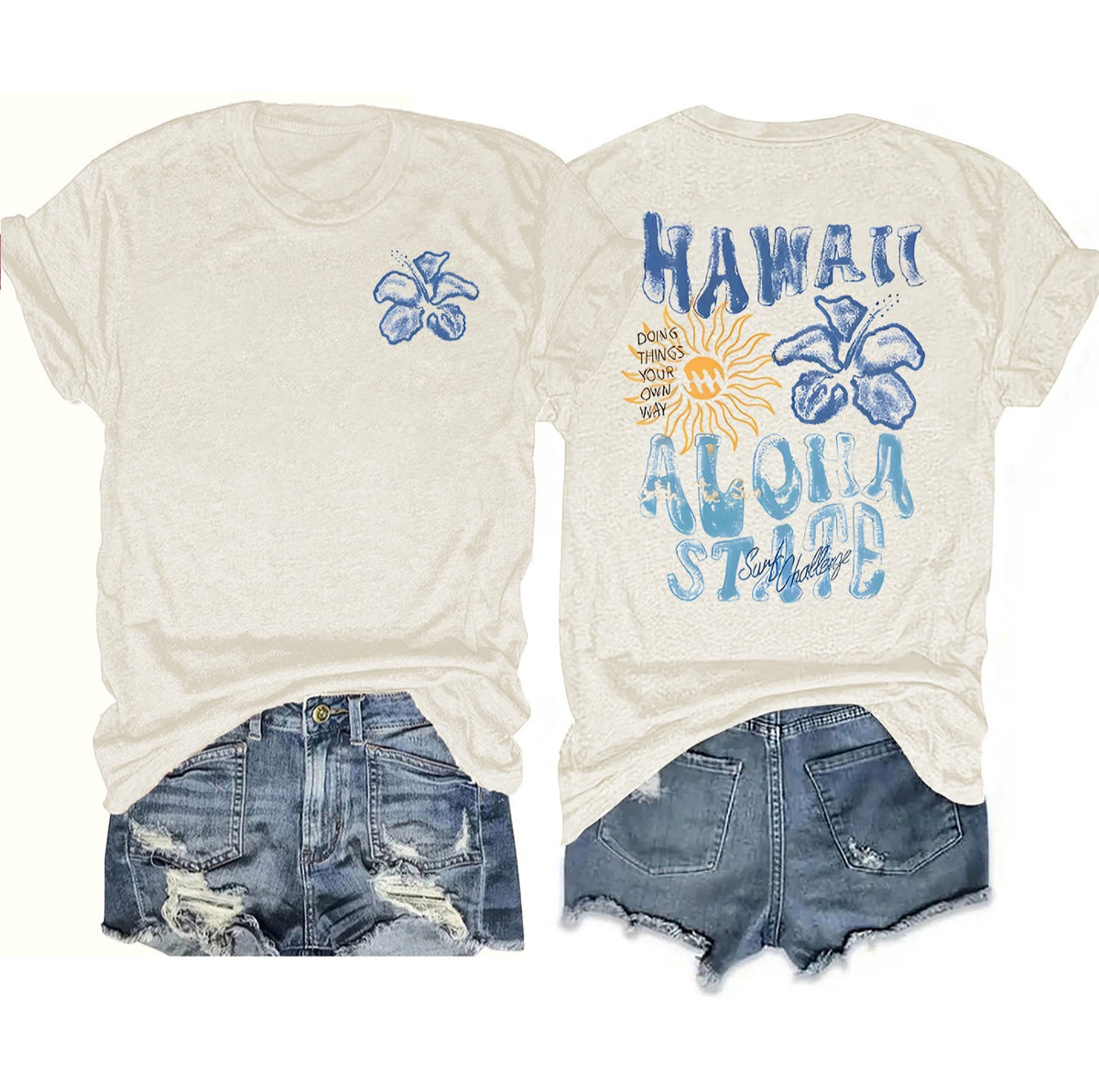 Retro Hawaii Aloha Print Graphic Tee - Apricot
