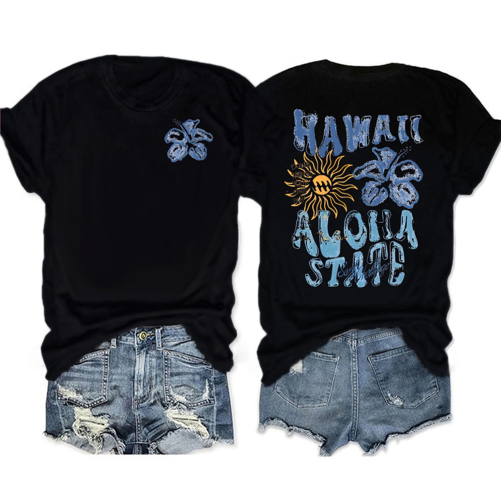 Retro Hawaii Aloha Print Graphic Tee - Black