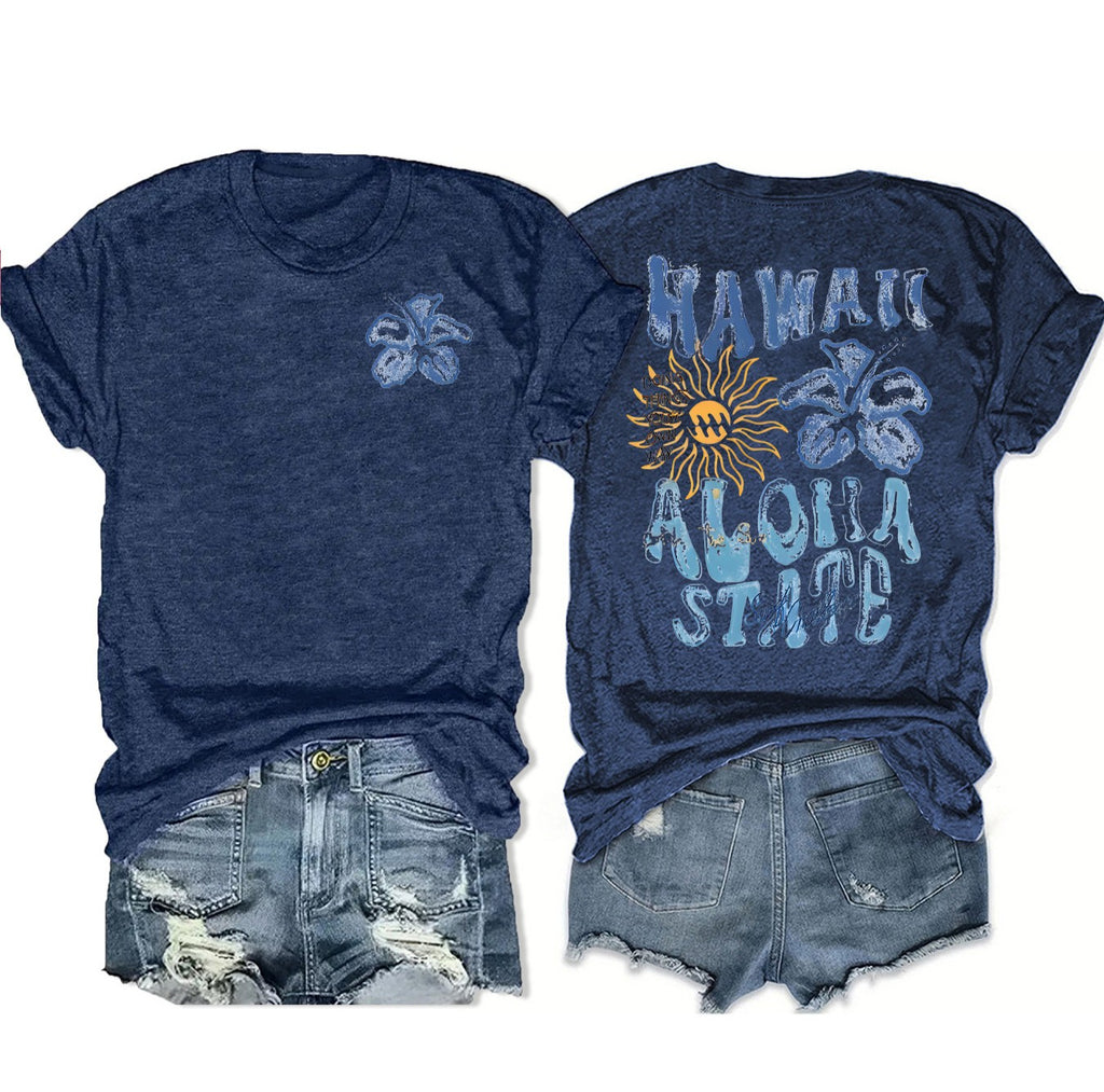 Retro Hawaii Aloha Print Graphic Tee - Blue