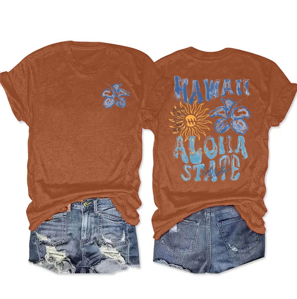 Retro Hawaii Aloha Print Graphic Tee - Brown