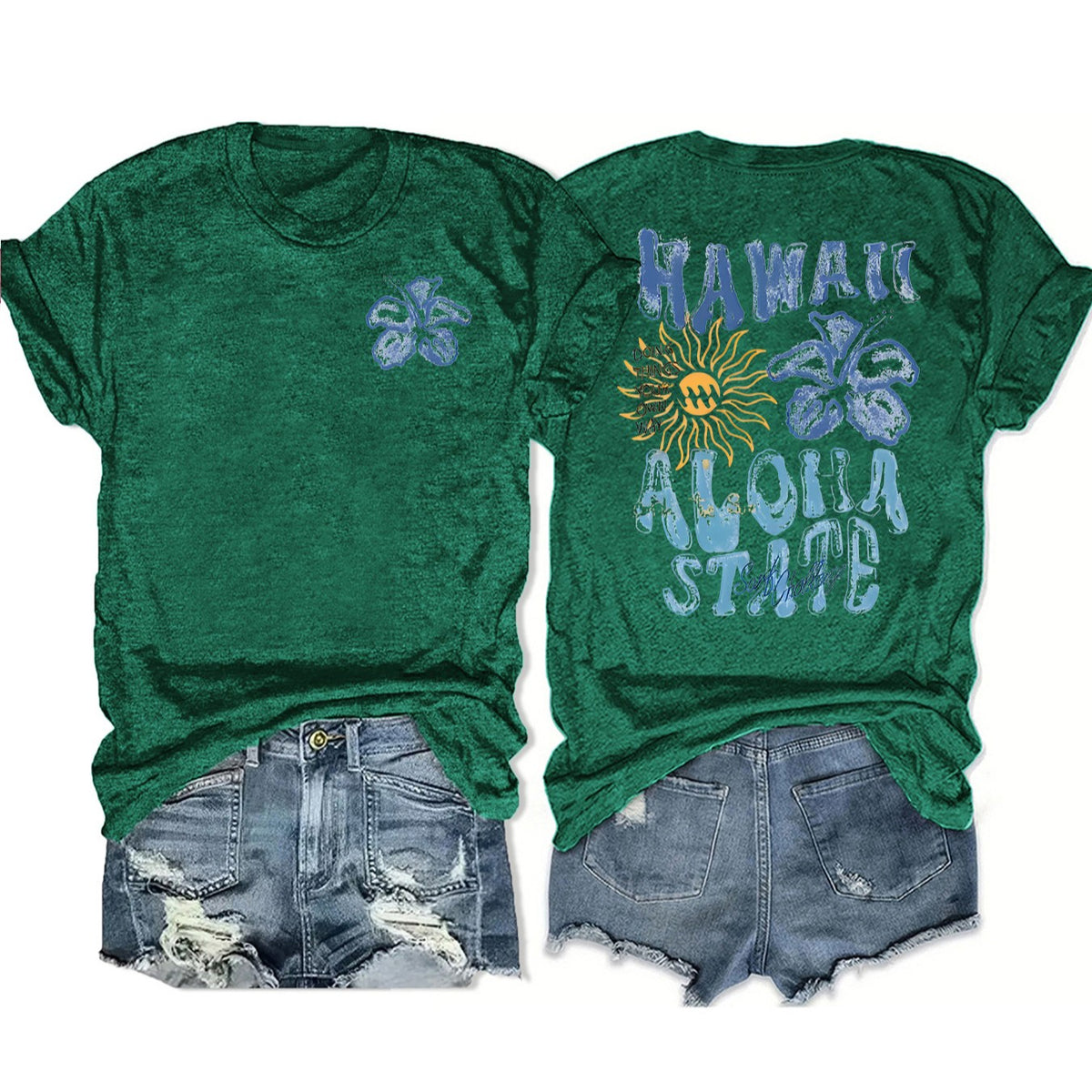 Retro Hawaii Aloha Print Graphic Tee - Green
