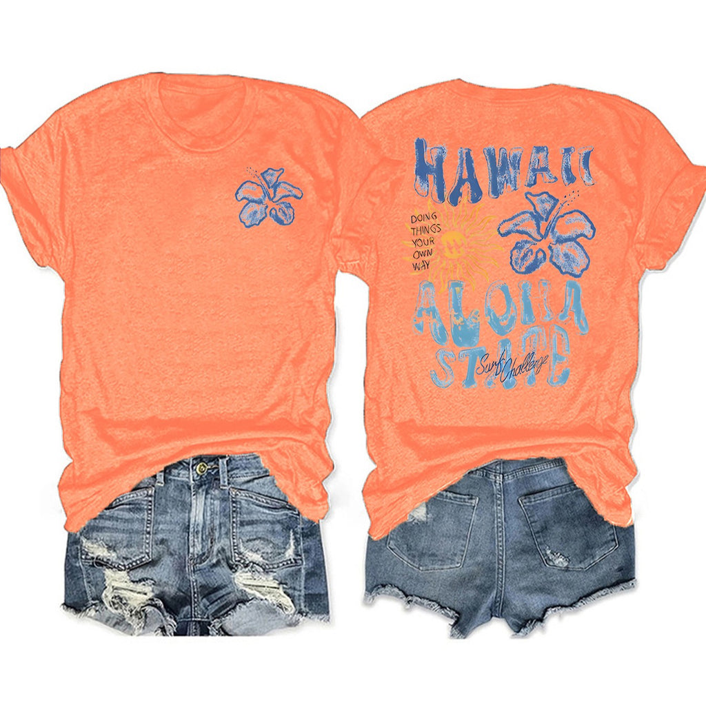 Retro Hawaii Aloha Print Graphic Tee - Orange