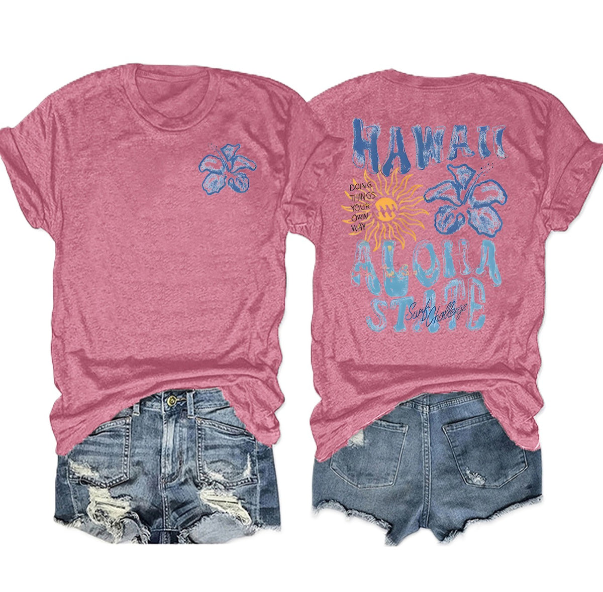 Retro Hawaii Aloha Print Graphic Tee - Pink