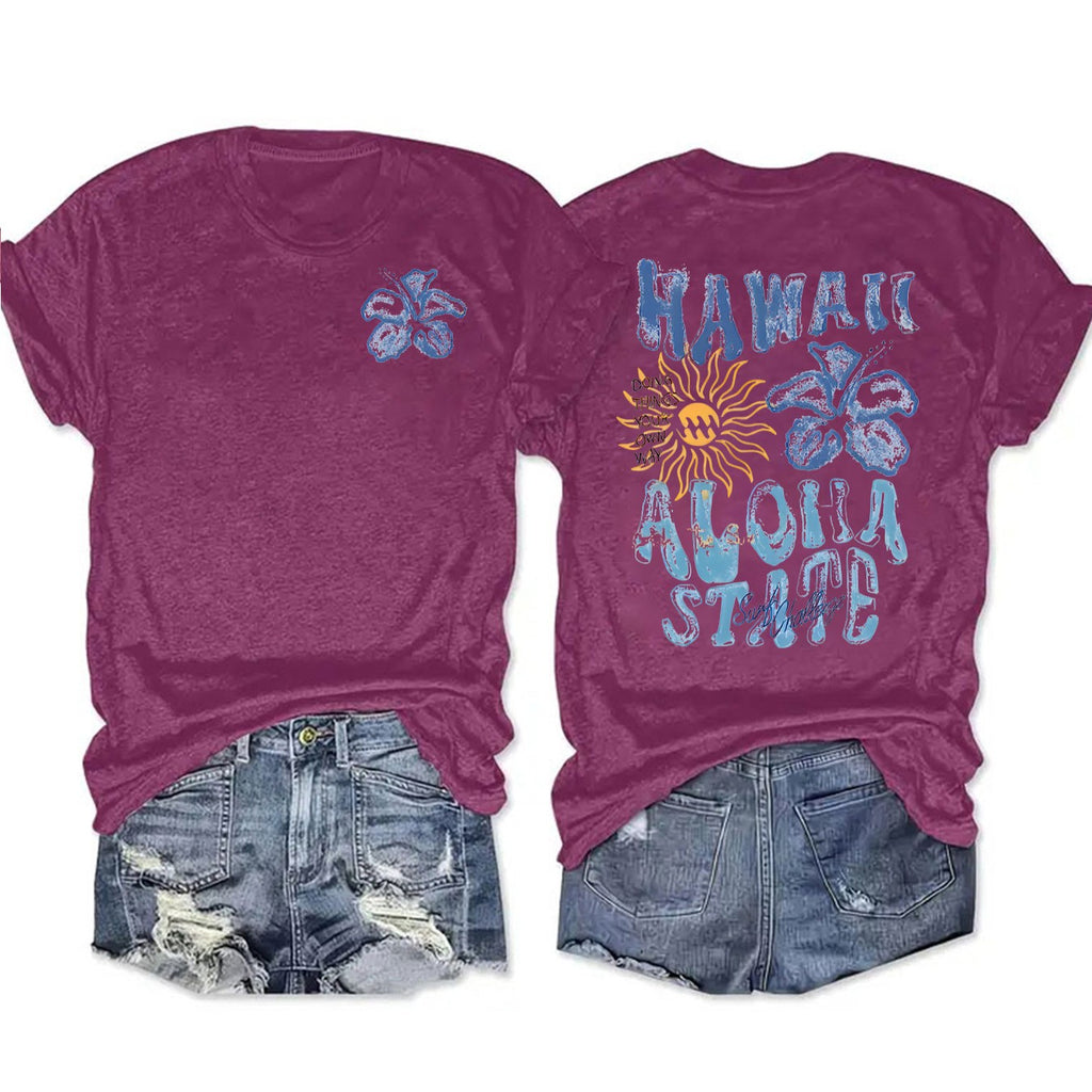 Retro Hawaii Aloha Print Graphic Tee - Purple