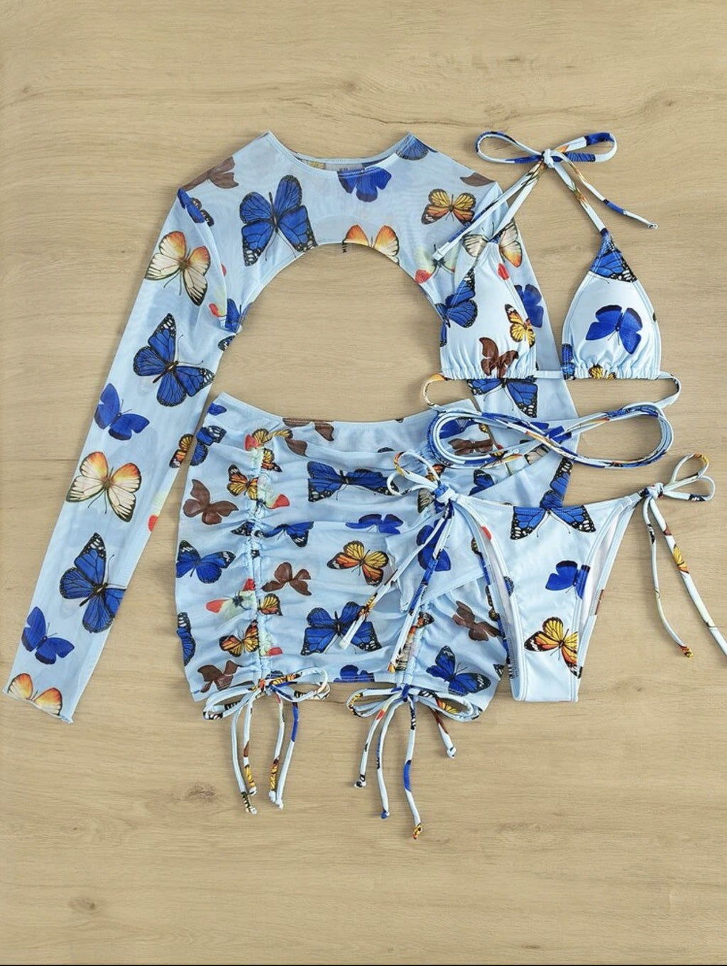 Butterfly Print Bikini and Cover Up Set - Blue - 1