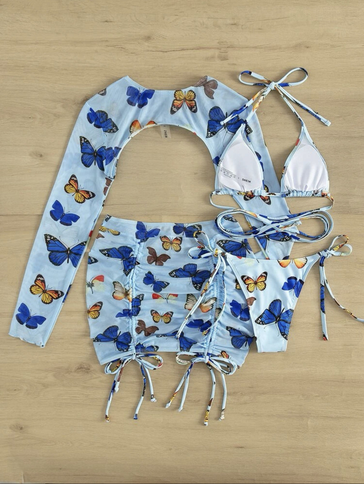 Butterfly Print Bikini and Cover Up Set - Blue - 3