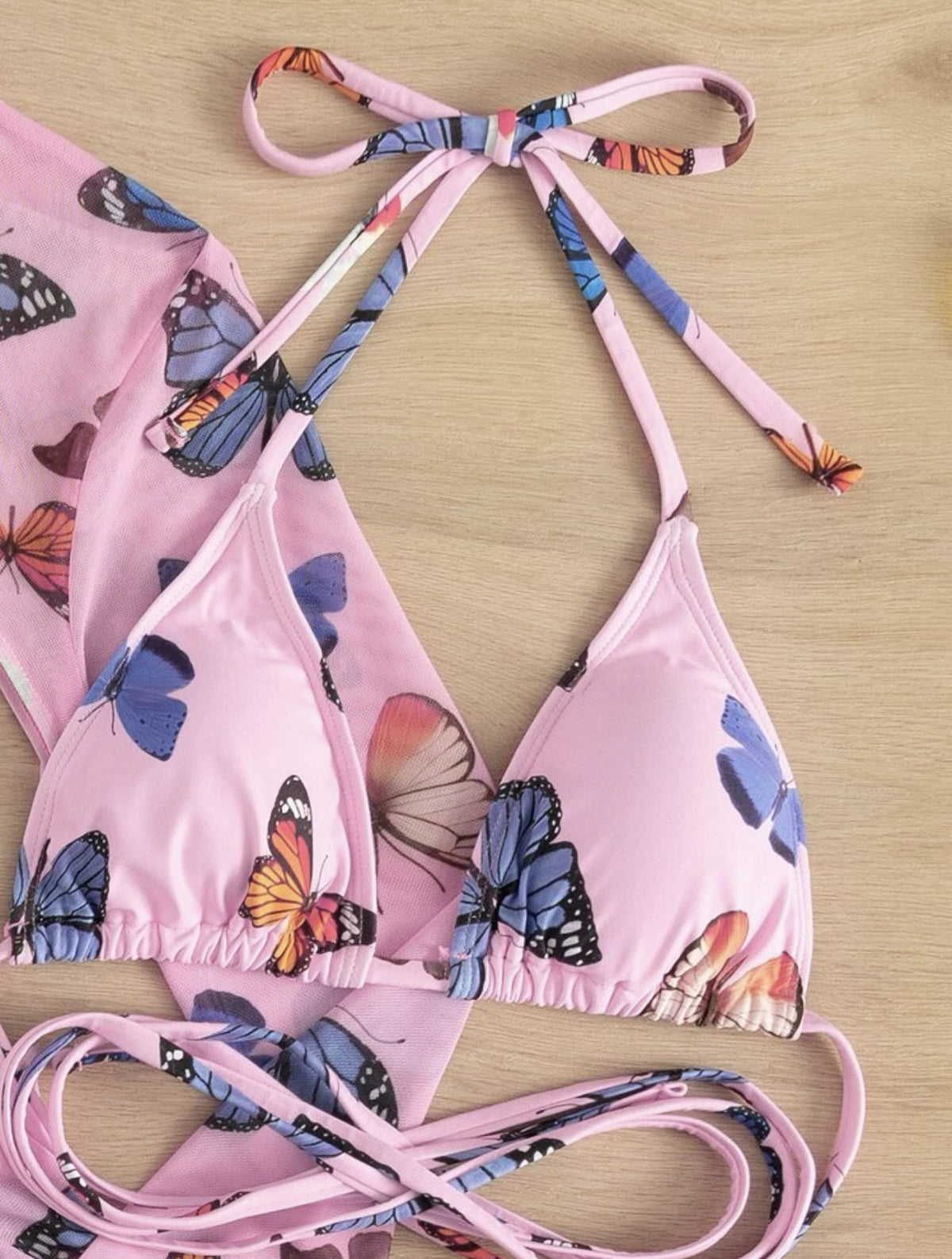 Butterfly Print Bikini and Cover Up Set - Pink - 2