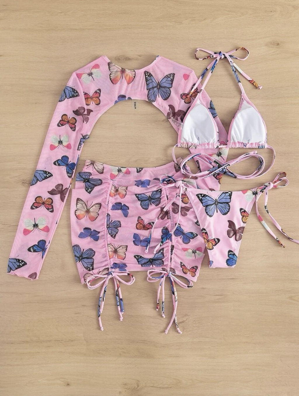 Butterfly Print Bikini and Cover Up Set - Pink - 3
