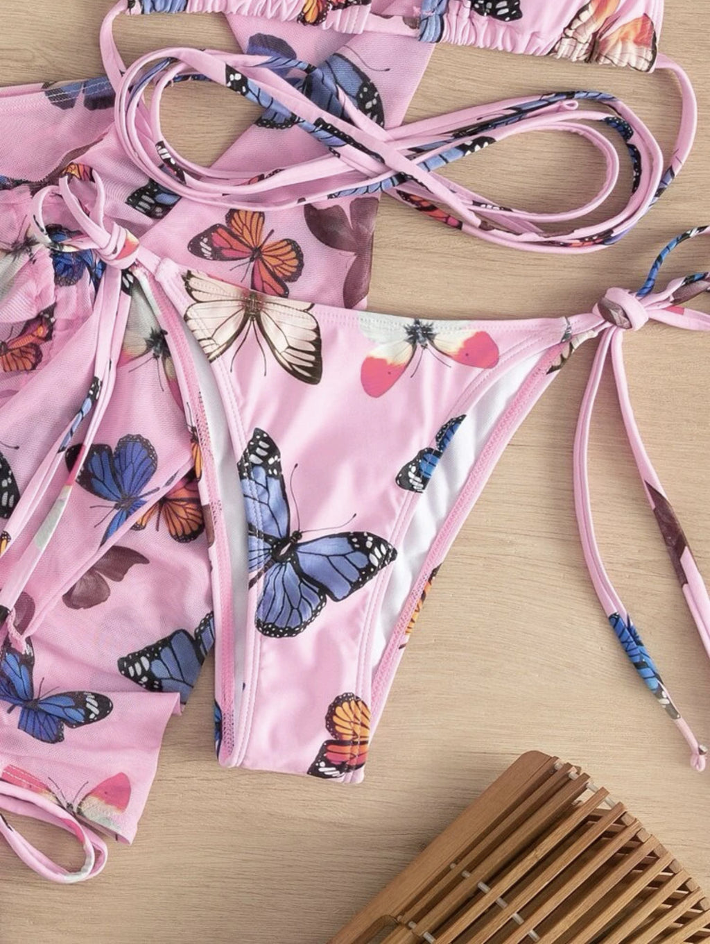 Butterfly Print Bikini and Cover Up Set - Pink - 4