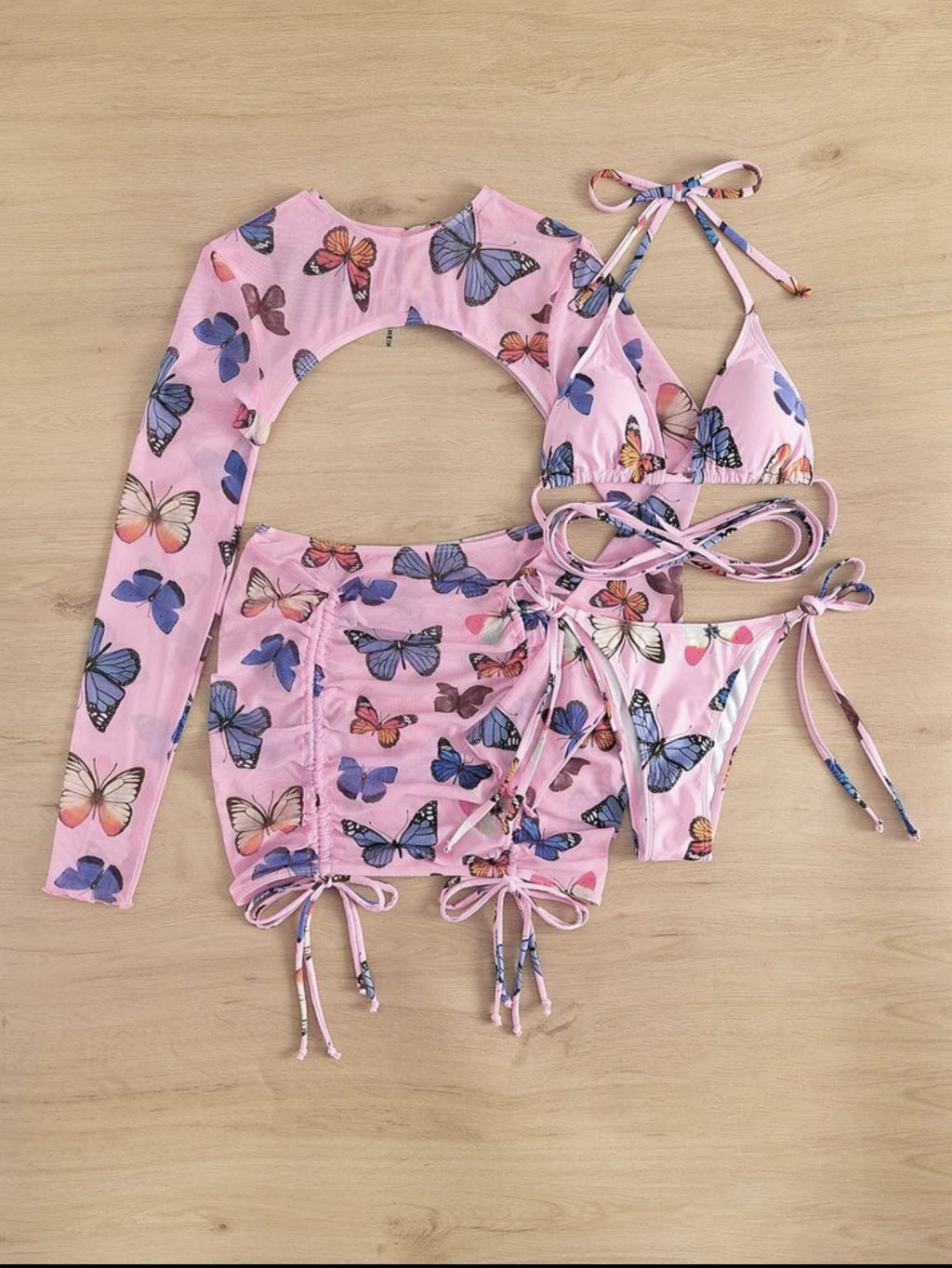 Butterfly Print Bikini and Cover Up Set - Pink - 5