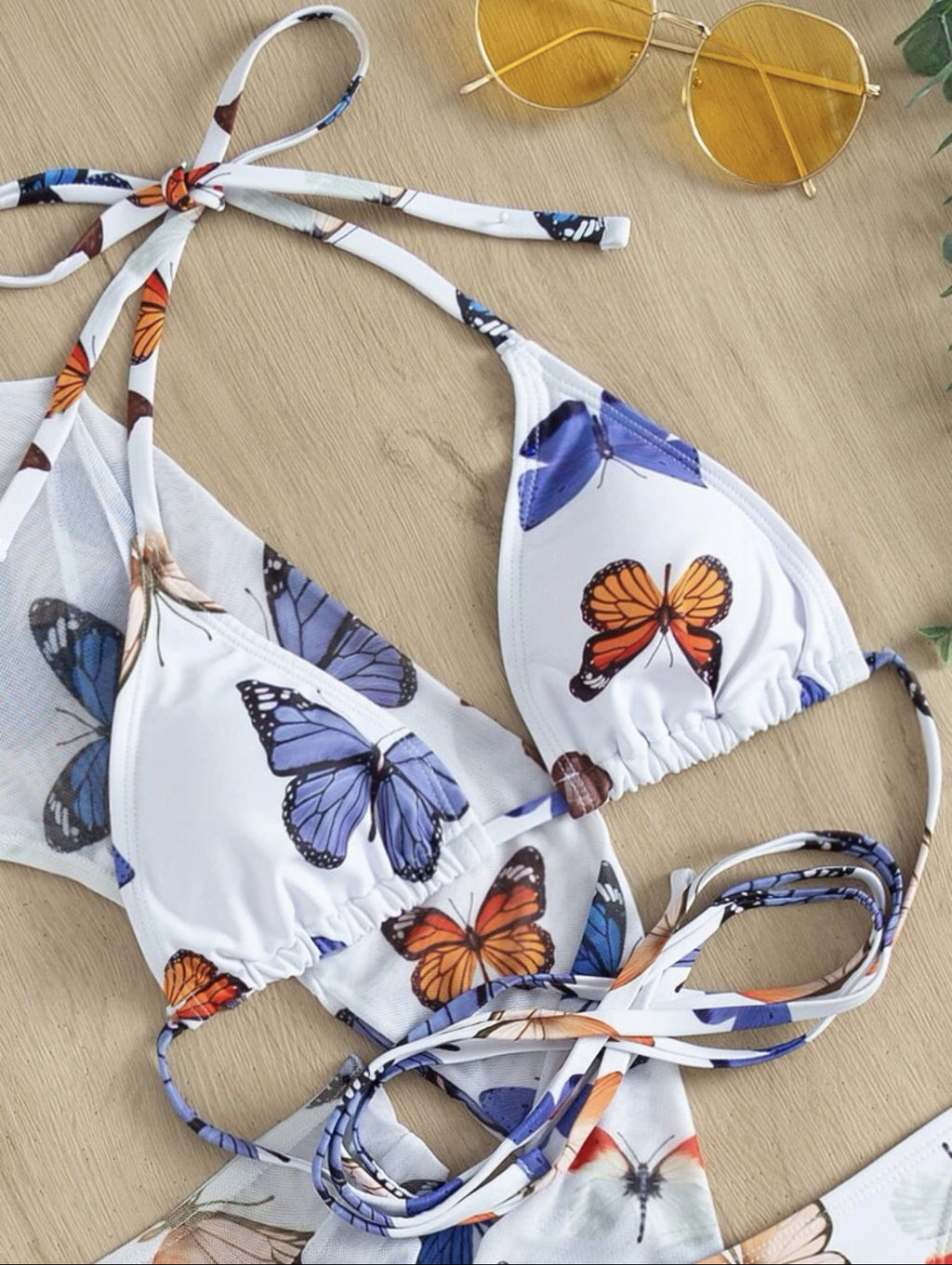 Butterfly Print Bikini and Cover Up Set - White - 1