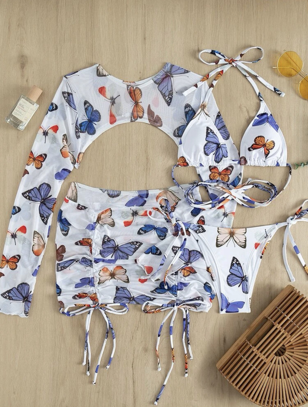 Butterfly Print Bikini and Cover Up Set - White - 3
