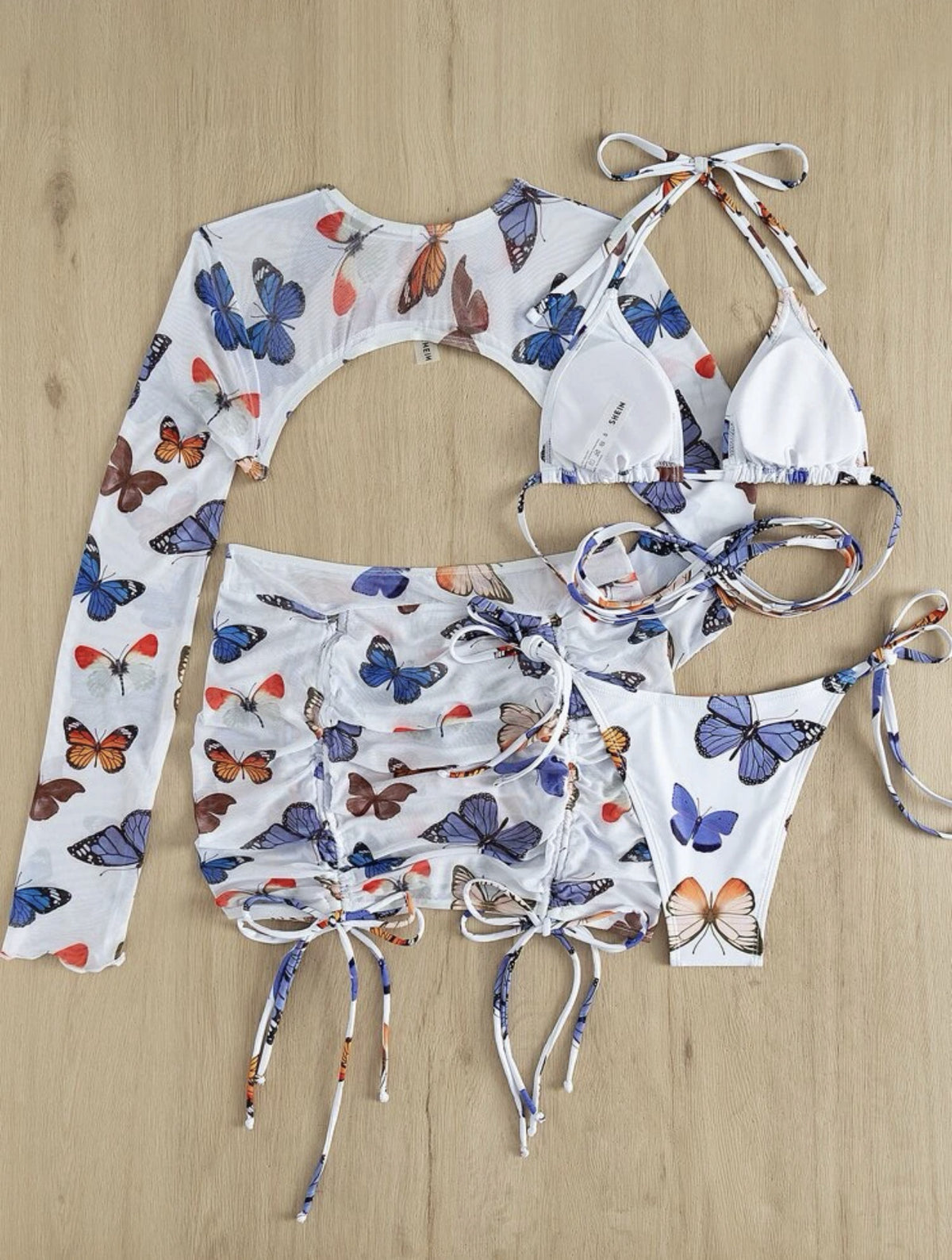 Butterfly Print Bikini and Cover Up Set - White - 4