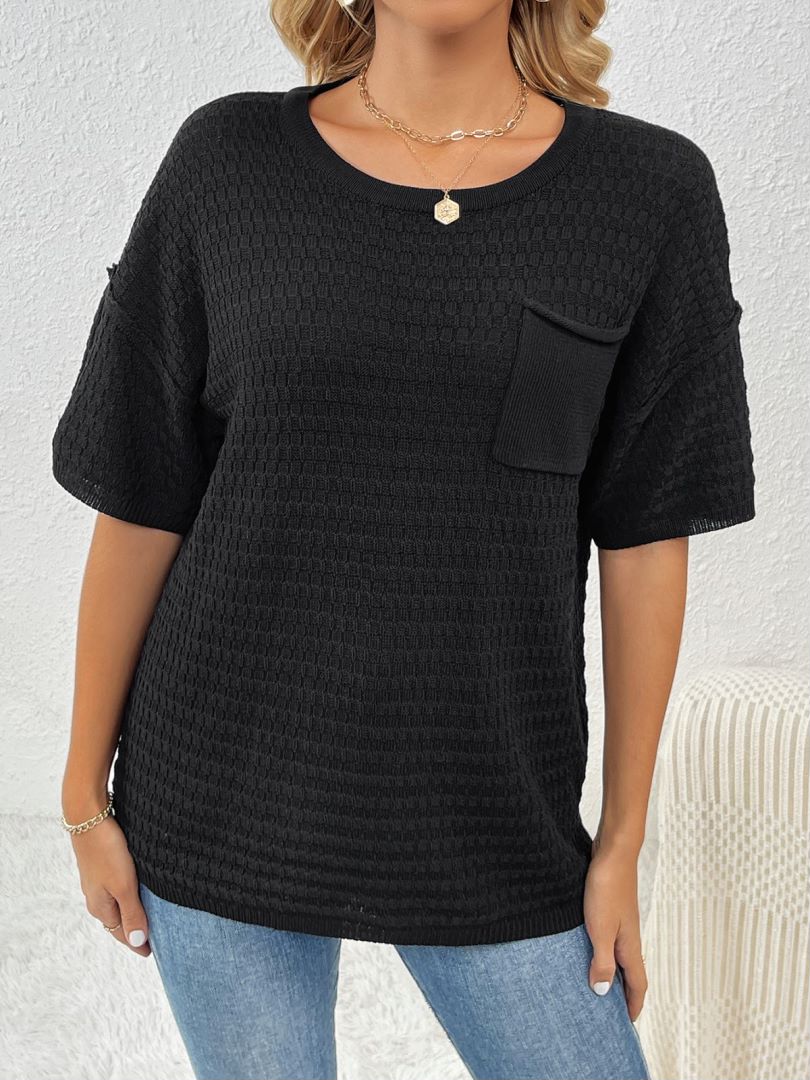 Waffle Knit Chest Pocket Short Sleeve Top - Black