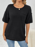 Waffle Knit Chest Pocket Short Sleeve Top - Black
