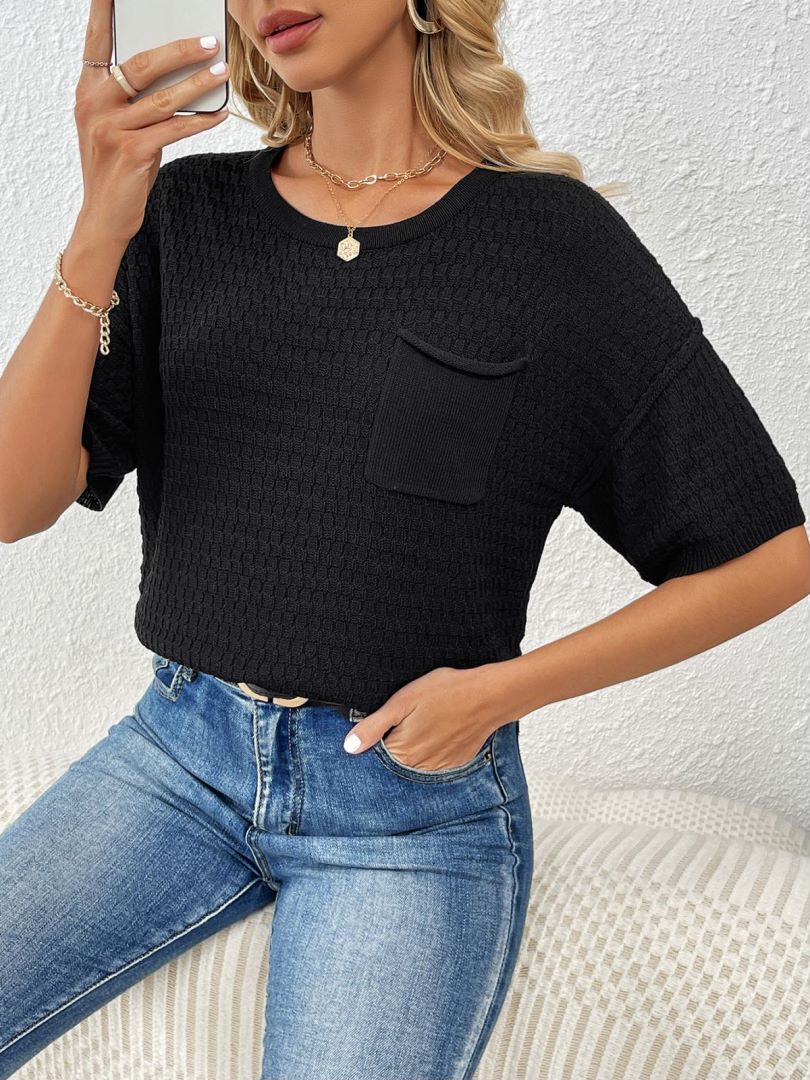 Waffle Knit Chest Pocket Short Sleeve Top - Black - 1