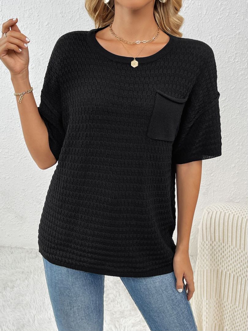 Waffle Knit Chest Pocket Short Sleeve Top - Black - 2
