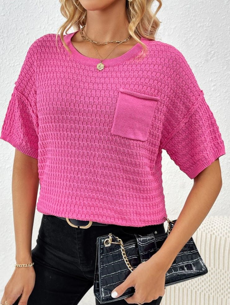 Waffle Knit Chest Pocket Short Sleeve Top - Rosered - 1