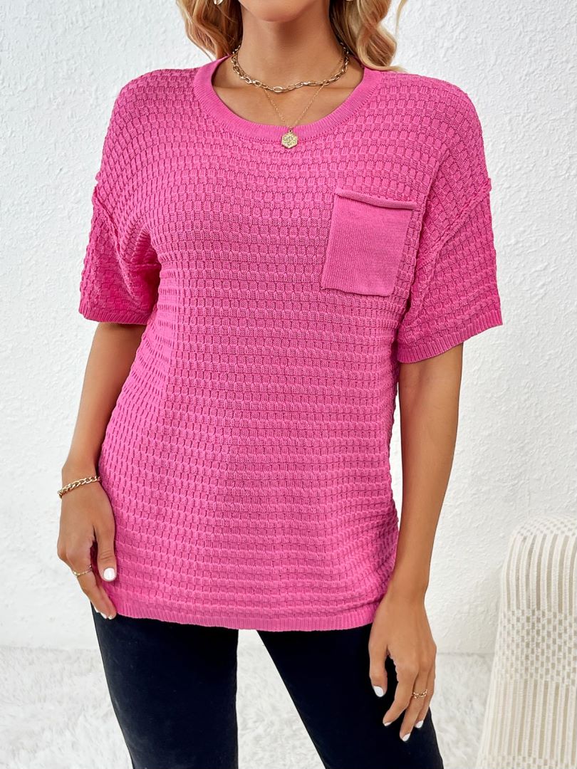 Waffle Knit Chest Pocket Short Sleeve Top - Rosered - 2
