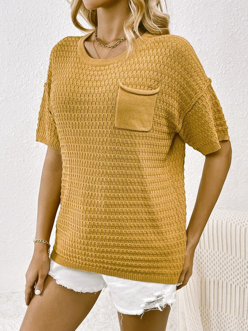 Waffle Knit Chest Pocket Short Sleeve Top - Yellow