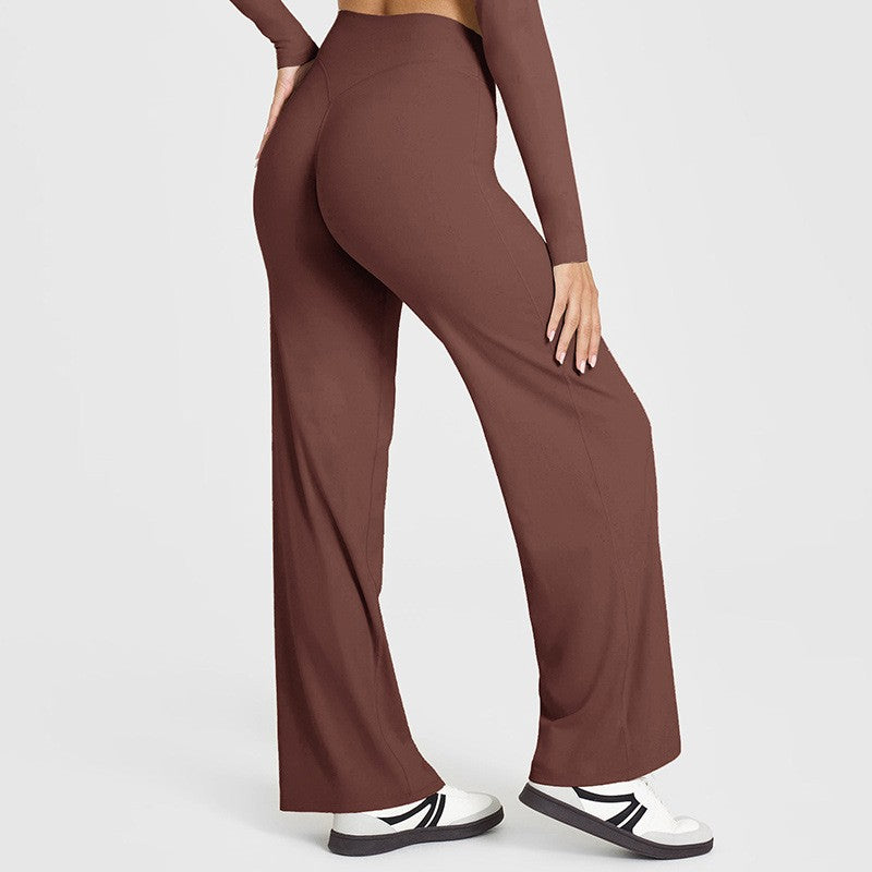 Brushed High Waist Wide Leg Yoga Pants - Coffee Brown