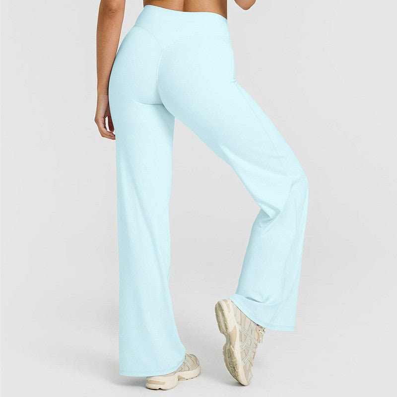 Brushed High Waist Wide Leg Yoga Pants - Light Blue