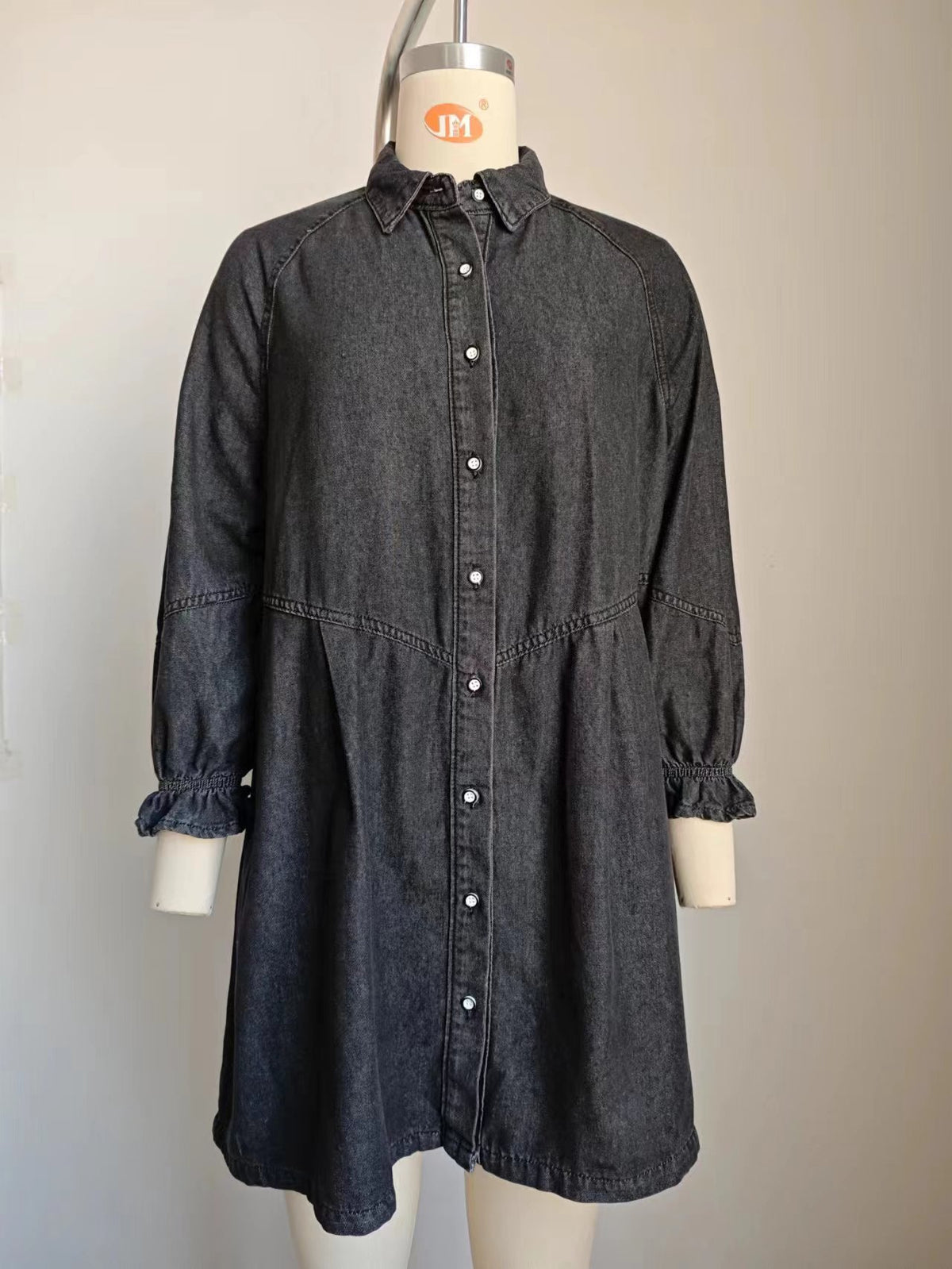 Ruffle Cuff Drop Waist Denim Shirt Dress - Black