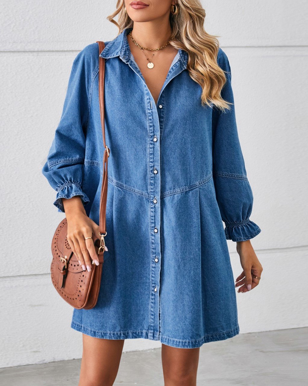 Ruffle Cuff Drop Waist Denim Shirt Dress - Blue