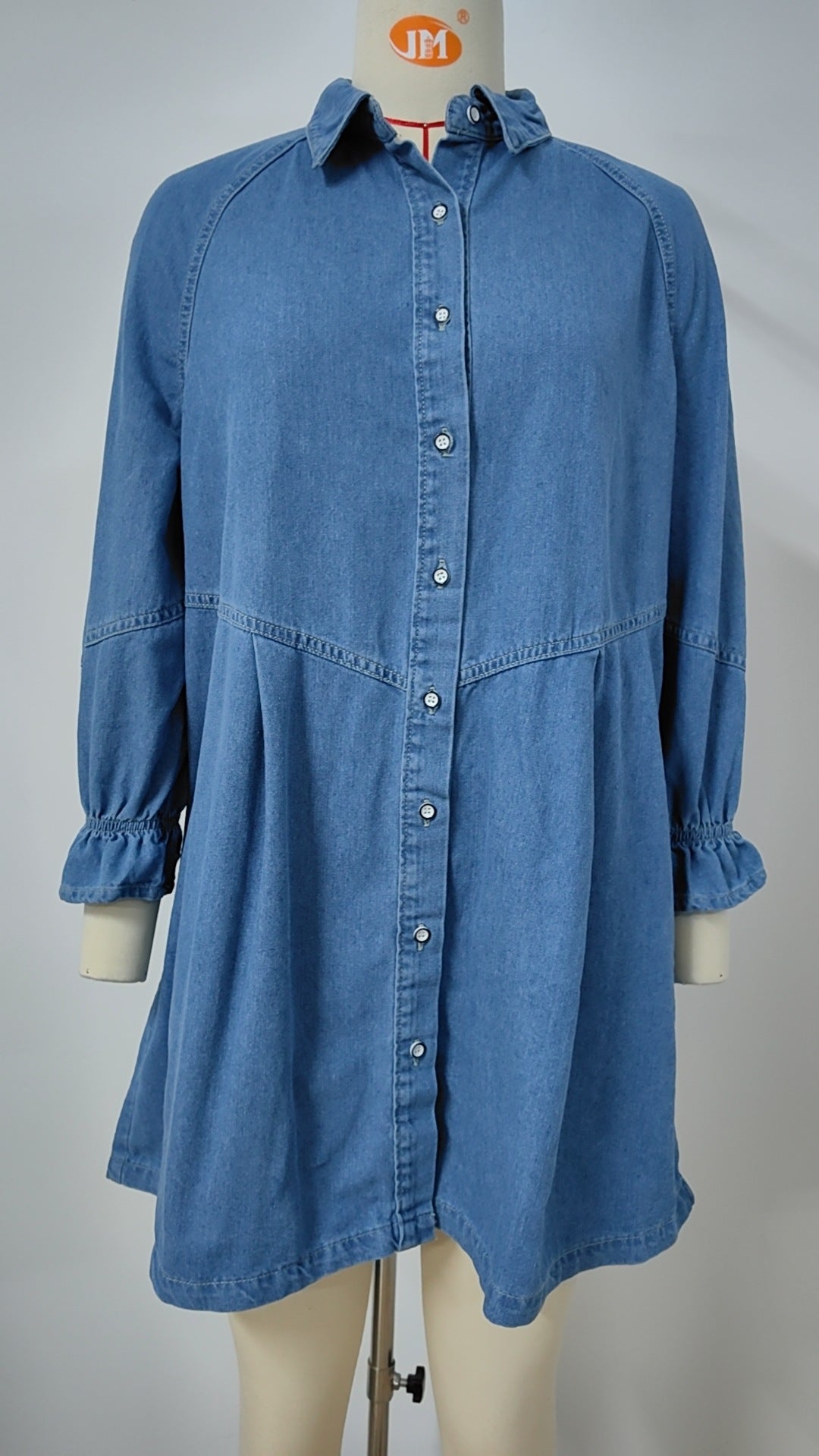 Ruffle Cuff Drop Waist Denim Shirt Dress - Blue - 1