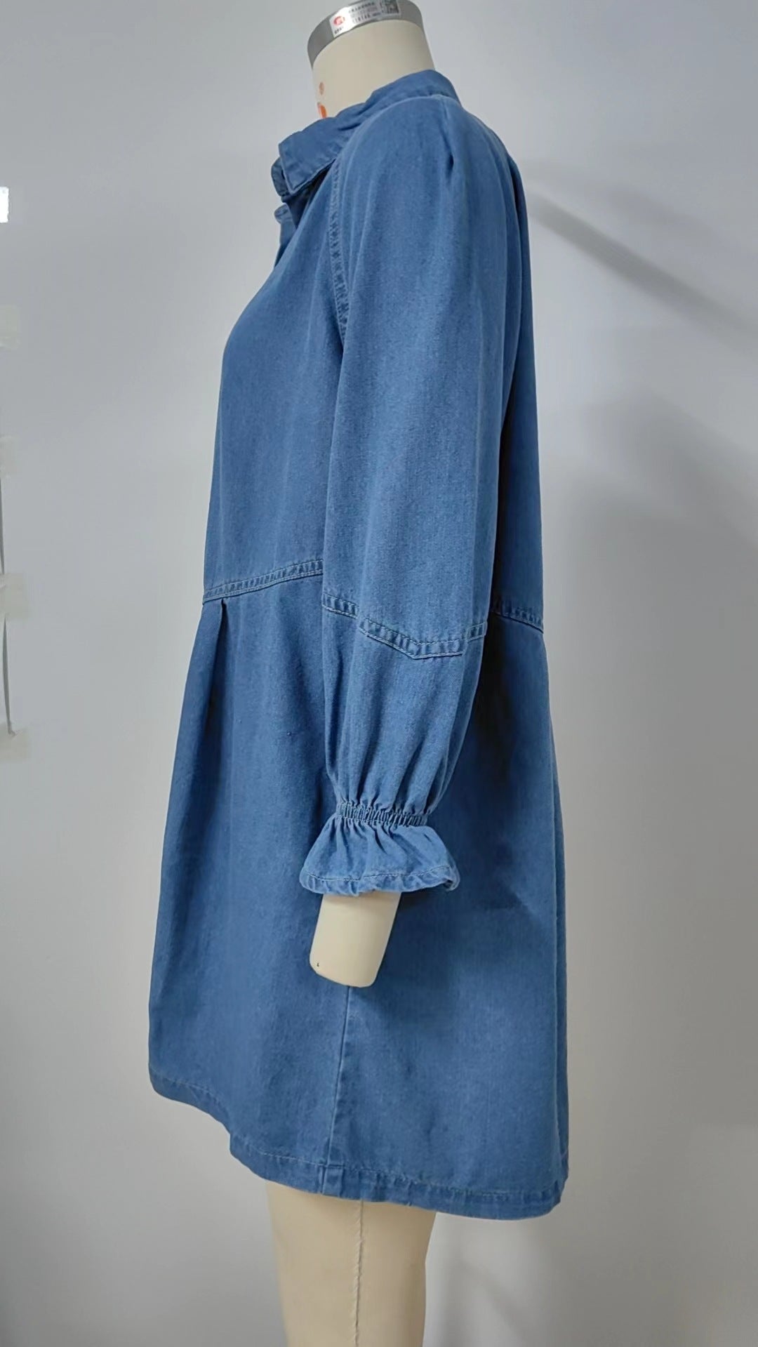 Ruffle Cuff Drop Waist Denim Shirt Dress - Blue - 2