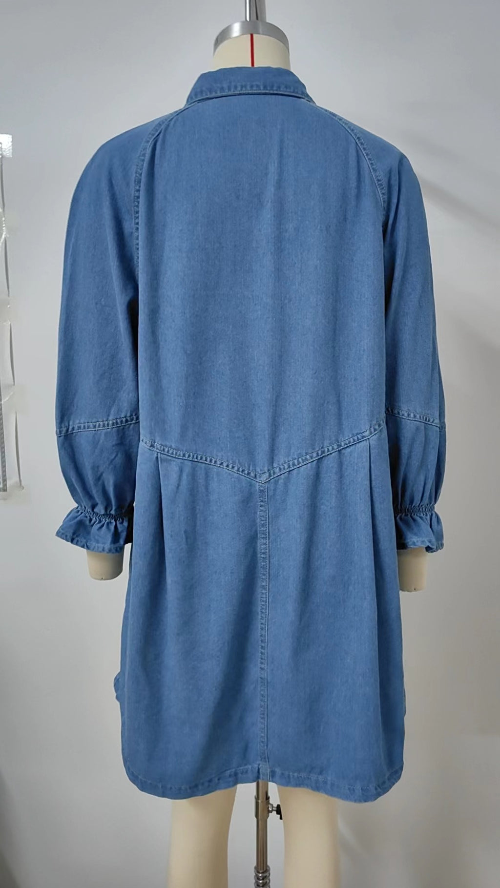 Ruffle Cuff Drop Waist Denim Shirt Dress - Blue - 3