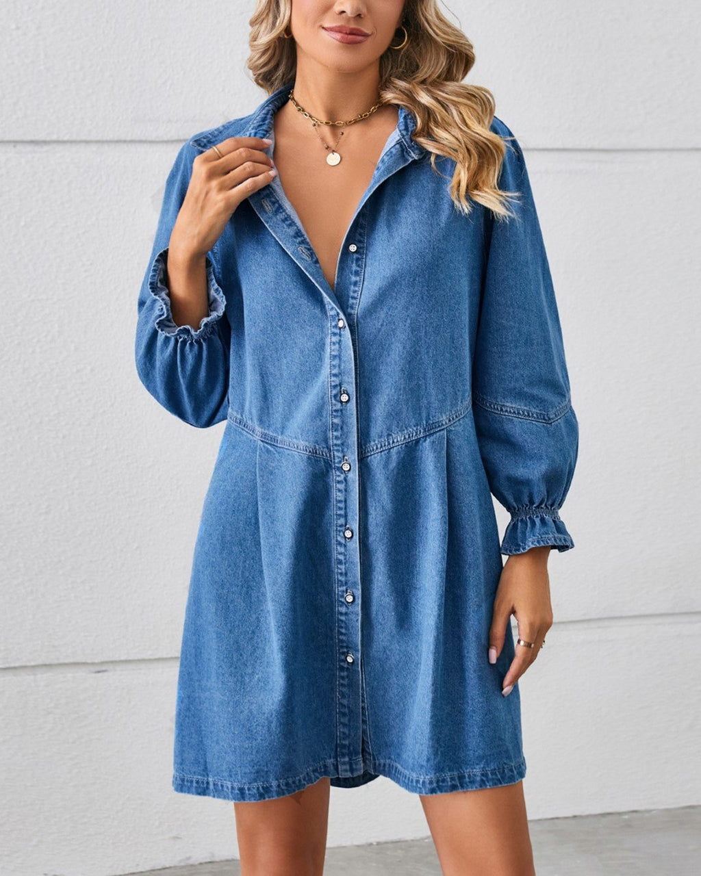Ruffle Cuff Drop Waist Denim Shirt Dress - Blue - 4