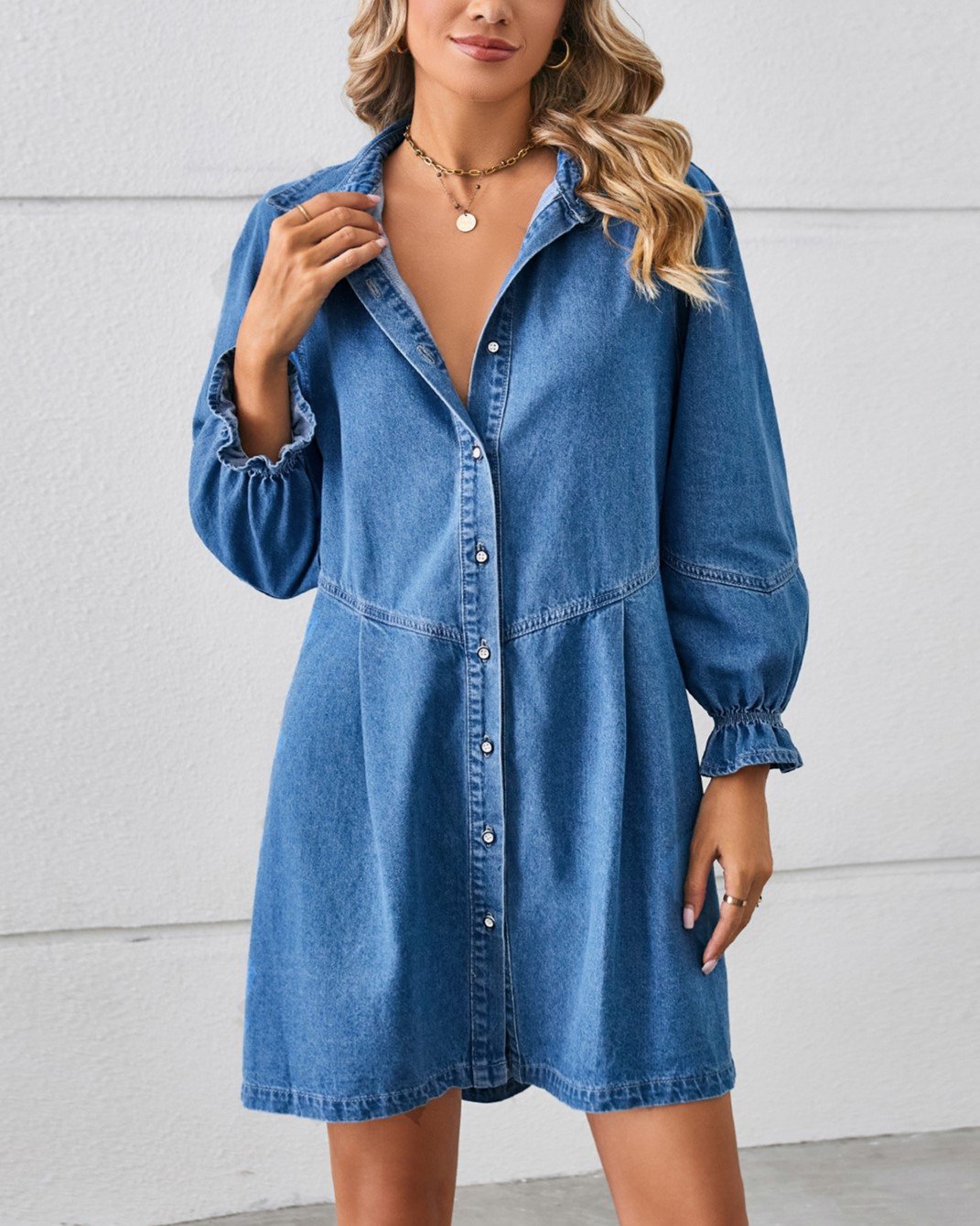Ruffle Cuff Drop Waist Denim Shirt Dress - Blue - 4
