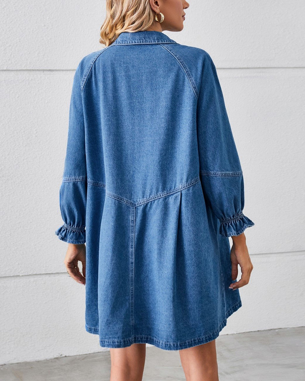 Ruffle Cuff Drop Waist Denim Shirt Dress - Blue - 5