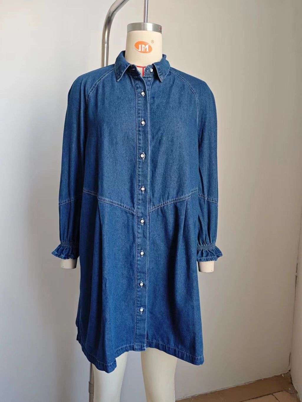 Ruffle Cuff Drop Waist Denim Shirt Dress - DarkBlue